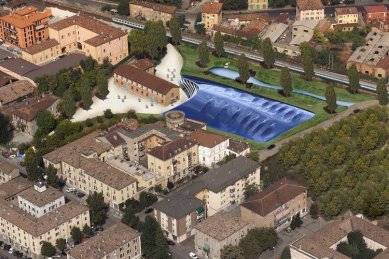 Enzo Ferrari Museum - Zákres do fotografie - modrá varianta (původní soutěžní projekt) - foto: Future Systems