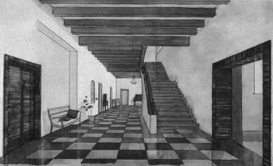 Vila Stiassny - Perspektiva haly s hlavním schodištěm