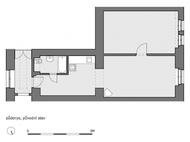 Rekonstrukce bytu 2+kk na Pohořelci - Půdorys - původní stav - foto: A1Architects