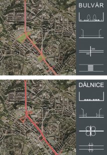 Humanizace pražské magistrály v úseku Nuselského mostu a ulice 5. května - DOPRAVNÍ SCHÉMA ŘEŠENÉHO ÚZEMÍ - foto: Atelier K2