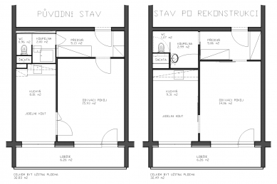 Rekonstrukce bytu v panelovém domě v Praze na Pankráci - Půdorys - původní / nový stav