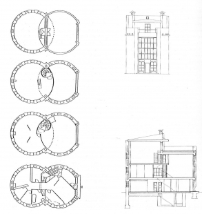 Vlastní dům - studio Konstantina Melnikova - Půdorysy, řez, pohled - foto: Archiv redakce