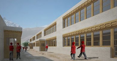 Pasivně solární, ekologický a soběstačný kampus školy v Himalájích - Vizualizace budovy tříd