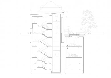 Contemporary Art Gallery "Bunkier Sztuki" - extension - příčný řez novým schodištěm / cross section through new staircase