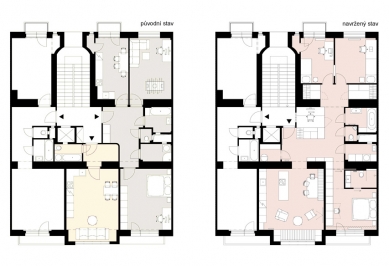Byt pro Přemka - Půdorysy původní stavu a realizovaného návrhu - foto: Atelier 111 architekti